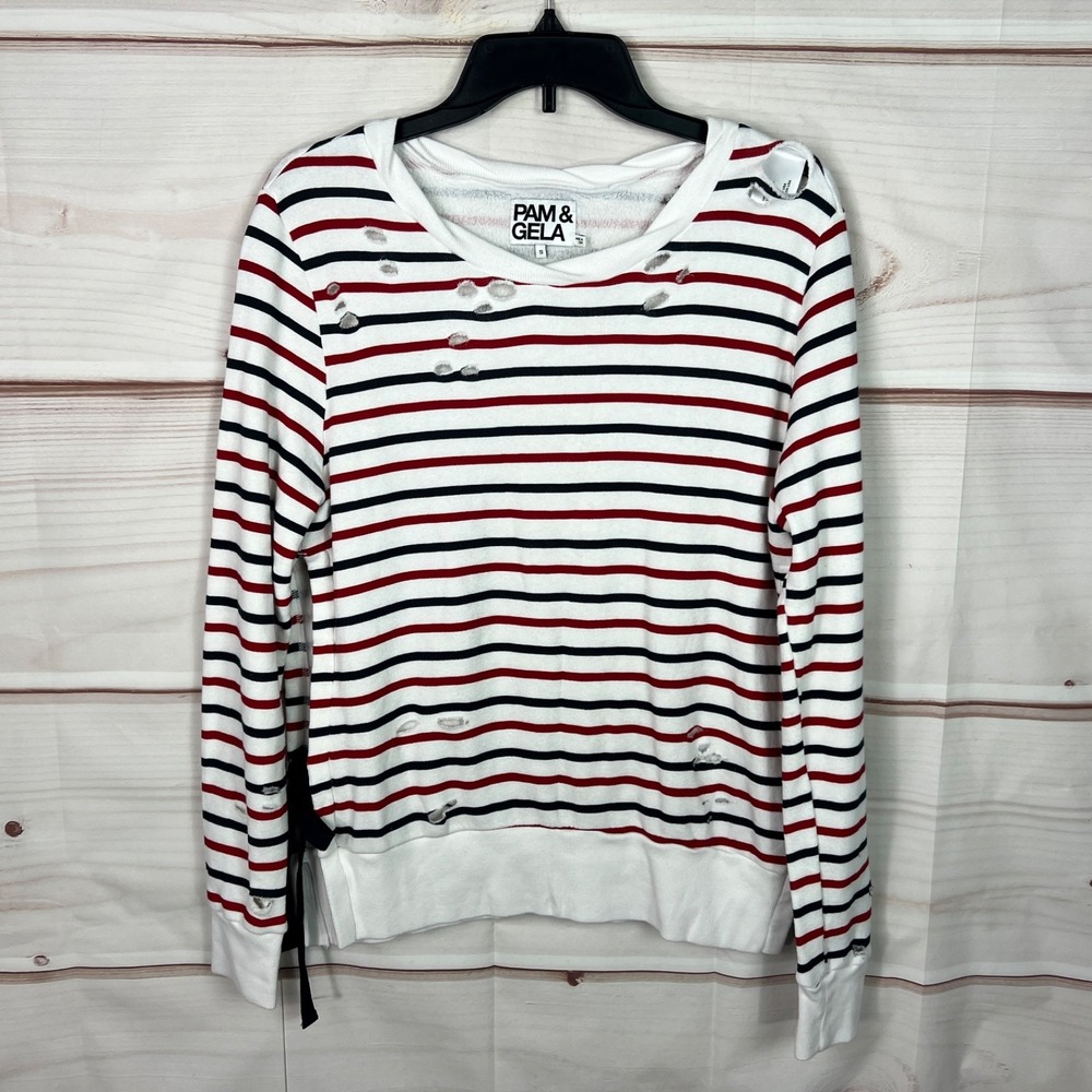 Pam & Gela Top Womens Small Blue Red Stripe Sweatshirt Tie Side Distressed Holes